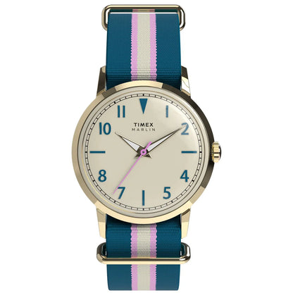 Timex watch with a blue and pink striped strap on a white background