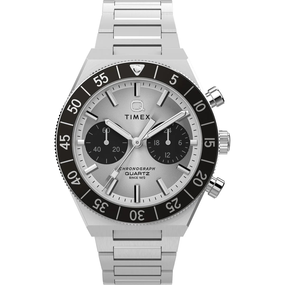 Timex watch with silver bracelet and black dial on a white background