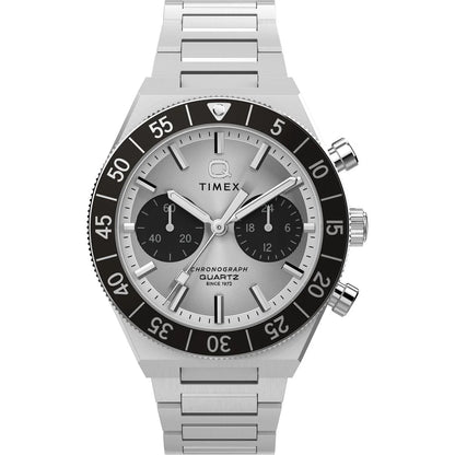 Timex watch with silver bracelet and black dial on a white background