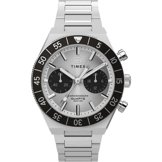 Timex watch with silver bracelet and black dial on a white background