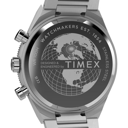 Silver Timex watch with world map engraving on a white background