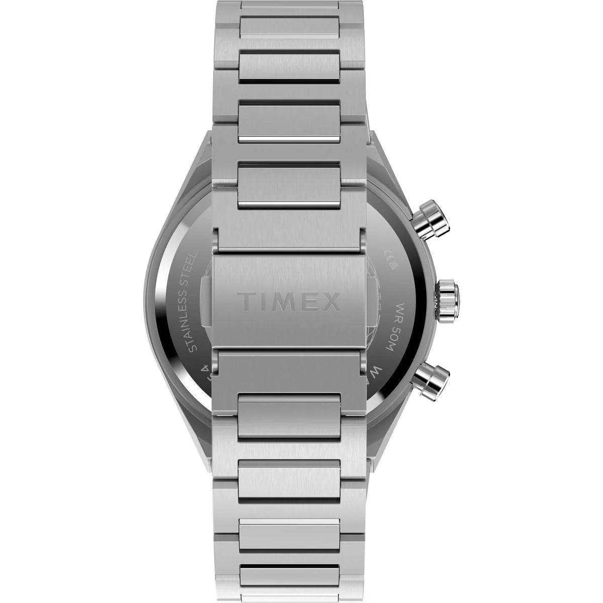 Silver Timex watch with metal bracelet on a white background