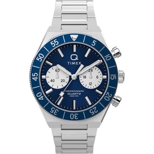 Timex watch with blue dial and silver metal strap on a white background