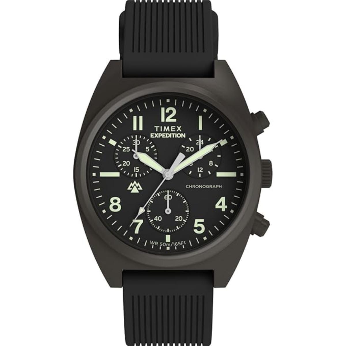 Black Timex Expedition watch on a white background