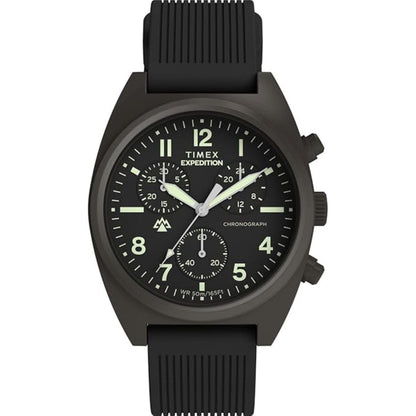 Black Timex Expedition watch on a white background
