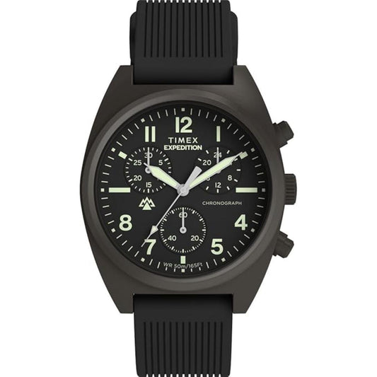 Black Timex Expedition watch on a white background