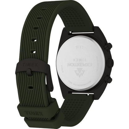 Black Timex watch with a white face on a white background