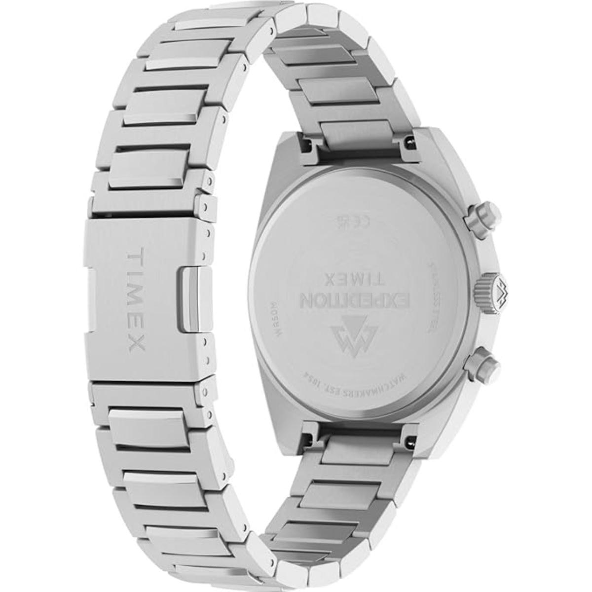 Silver Timex watch with metal band on a white background