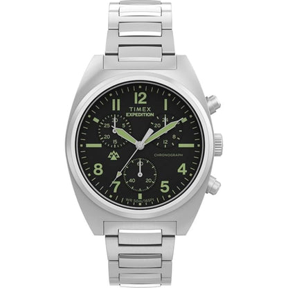 Timex Expedition watch with silver metal strap and green dial on a white background