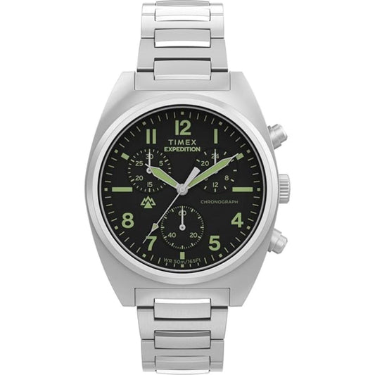 Timex Expedition watch with silver metal strap and green dial on a white background