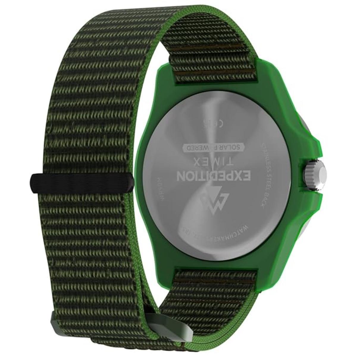 Green watch with a visible brand logo on a white background