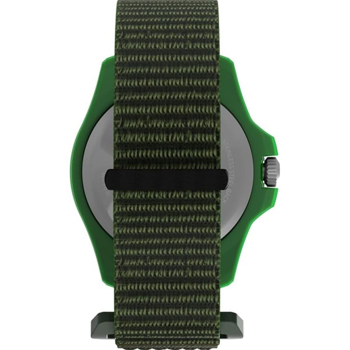 Watch with green strap and silver case on a white background
