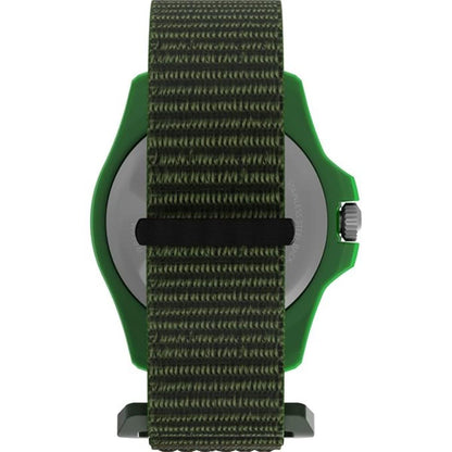 Watch with green strap and silver case on a white background