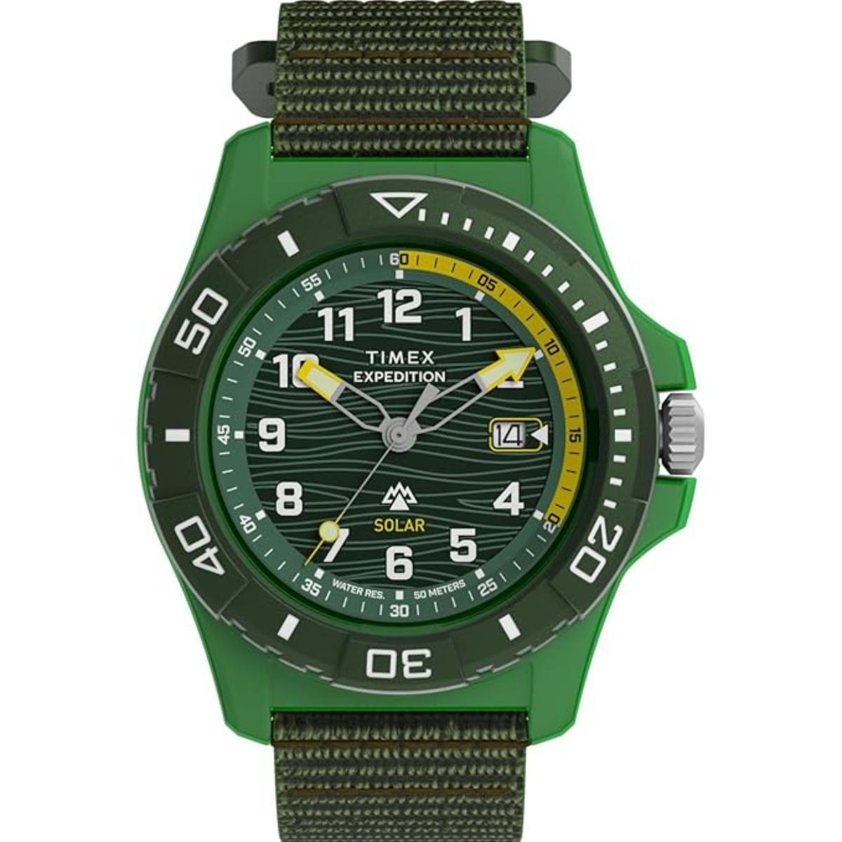 Green Timex Expedition watch with solar feature on a white background