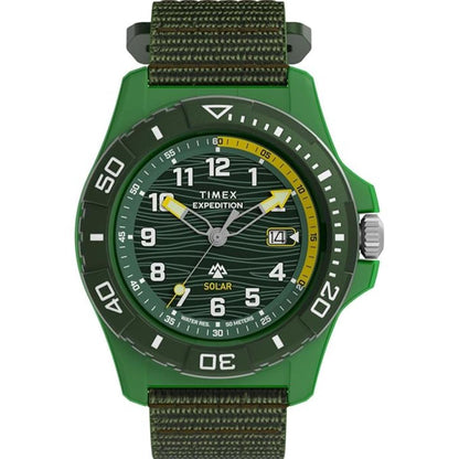 Green Timex Expedition watch with solar feature on a white background
