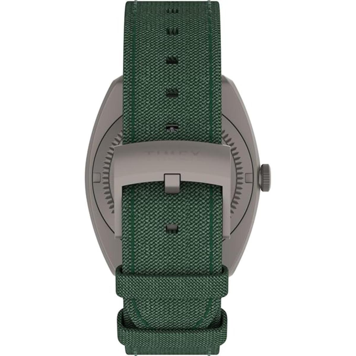 Watch with green strap and silver case on a white background