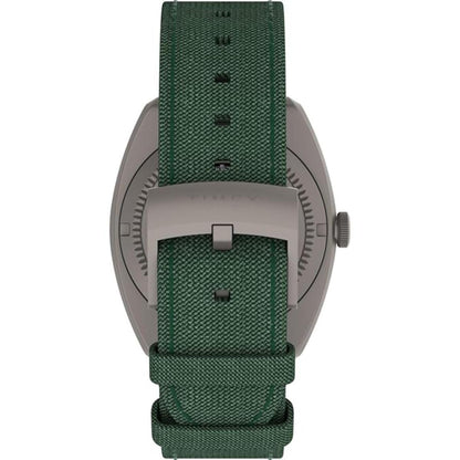 Watch with green strap and silver case on a white background