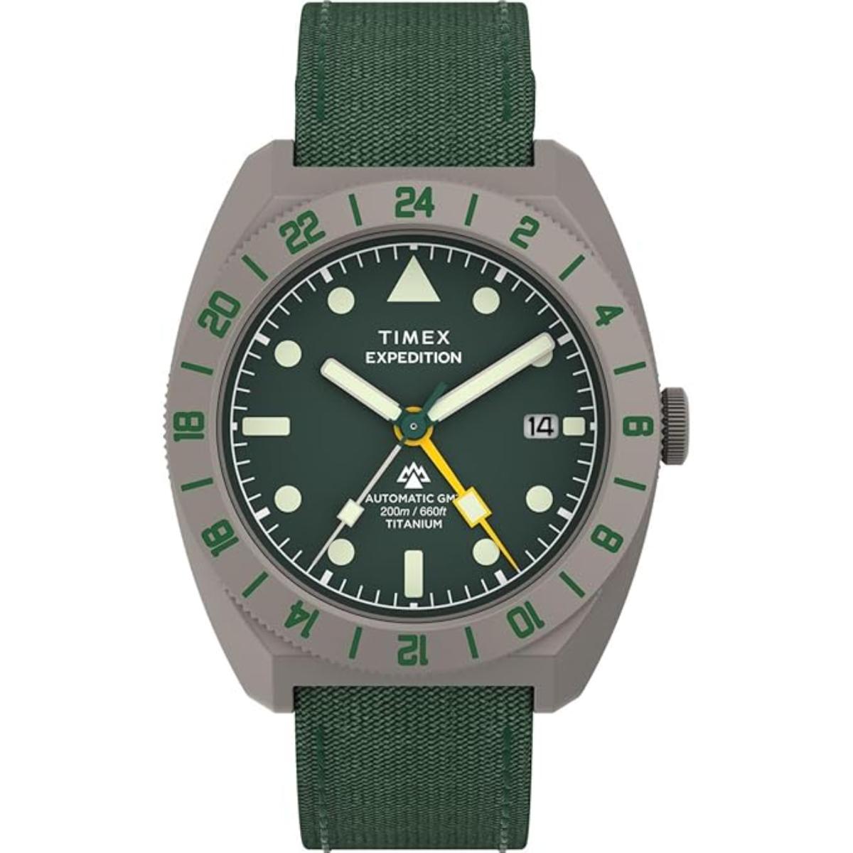 Timex Expedition watch with green strap and face on a white background