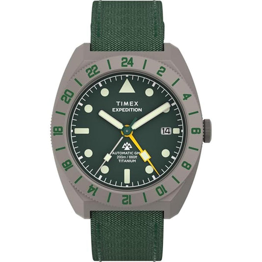 Timex Expedition watch with green strap and face on a white background