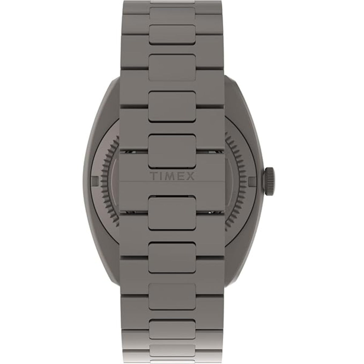 Gray Timex watch with metal band on a white background