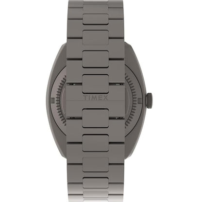 Gray Timex watch with metal band on a white background