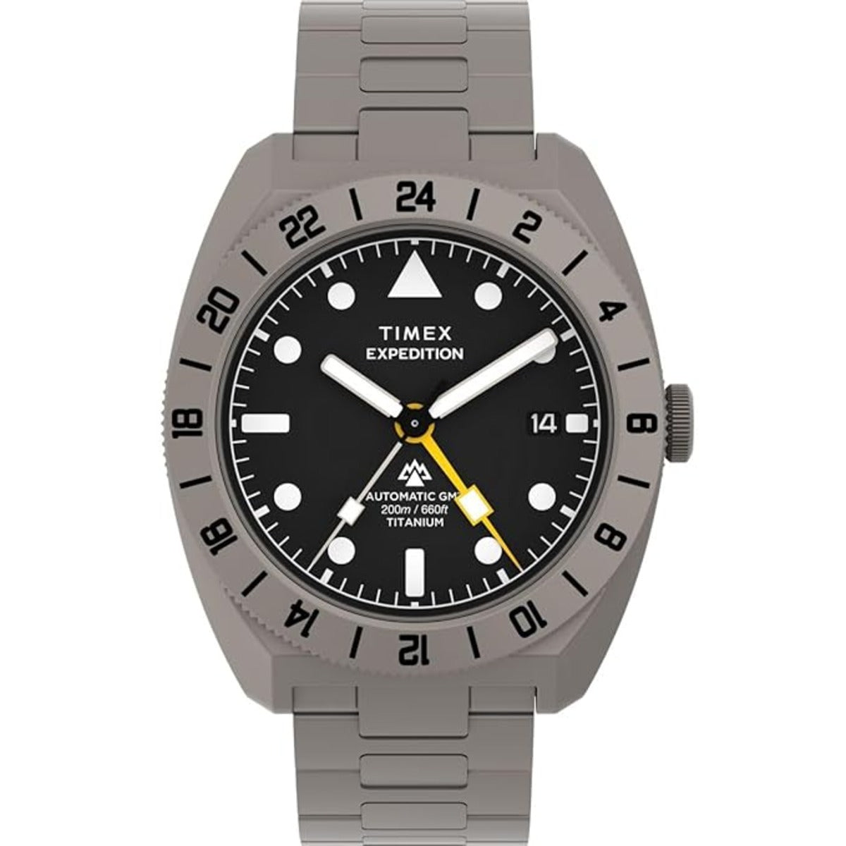Timex Expedition watch with gray metal strap and black dial on a white background