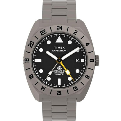 Timex Expedition watch with gray metal strap and black dial on a white background