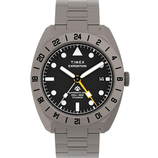 Timex Expedition watch with gray metal strap and black dial on a white background