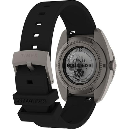 Timex Expedition watch with black strap and gray case on a white background