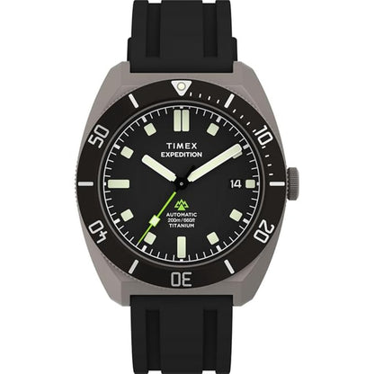 Timex Expedition watch with black strap and black dial on a white background