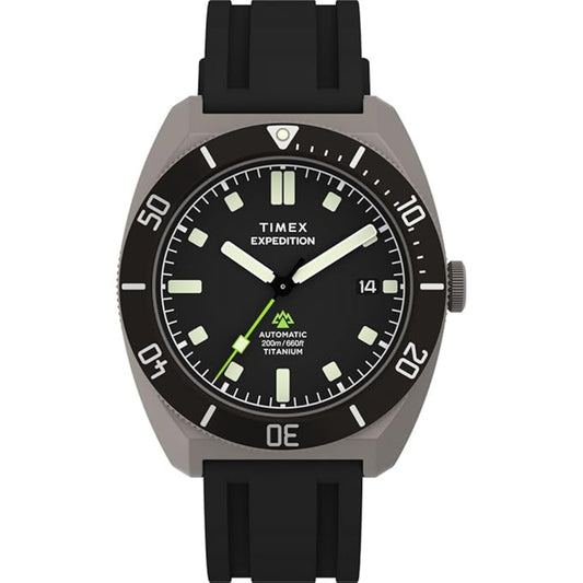 Timex Expedition watch with black strap and black dial on a white background