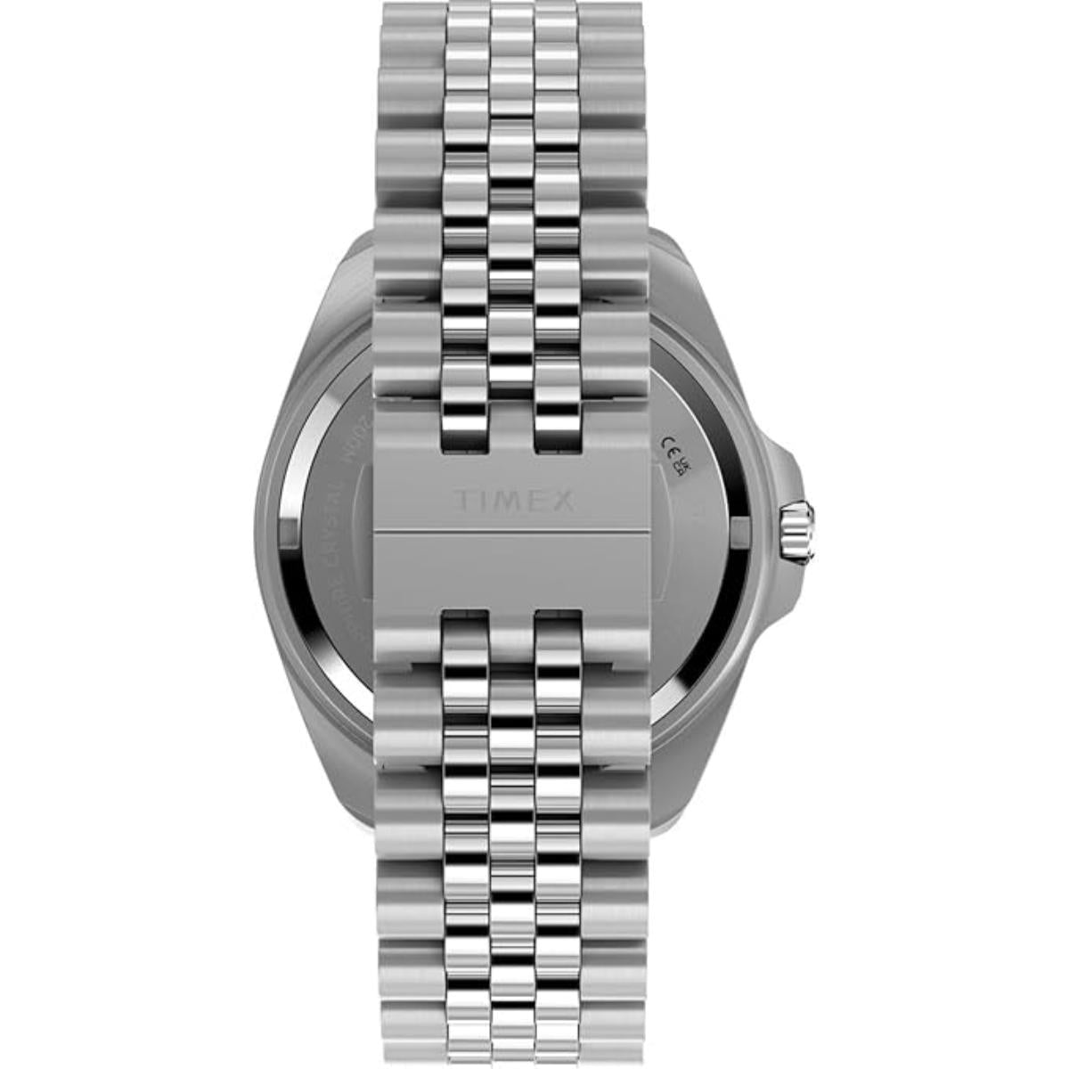 Silver Timex watch with metal bracelet on a white background