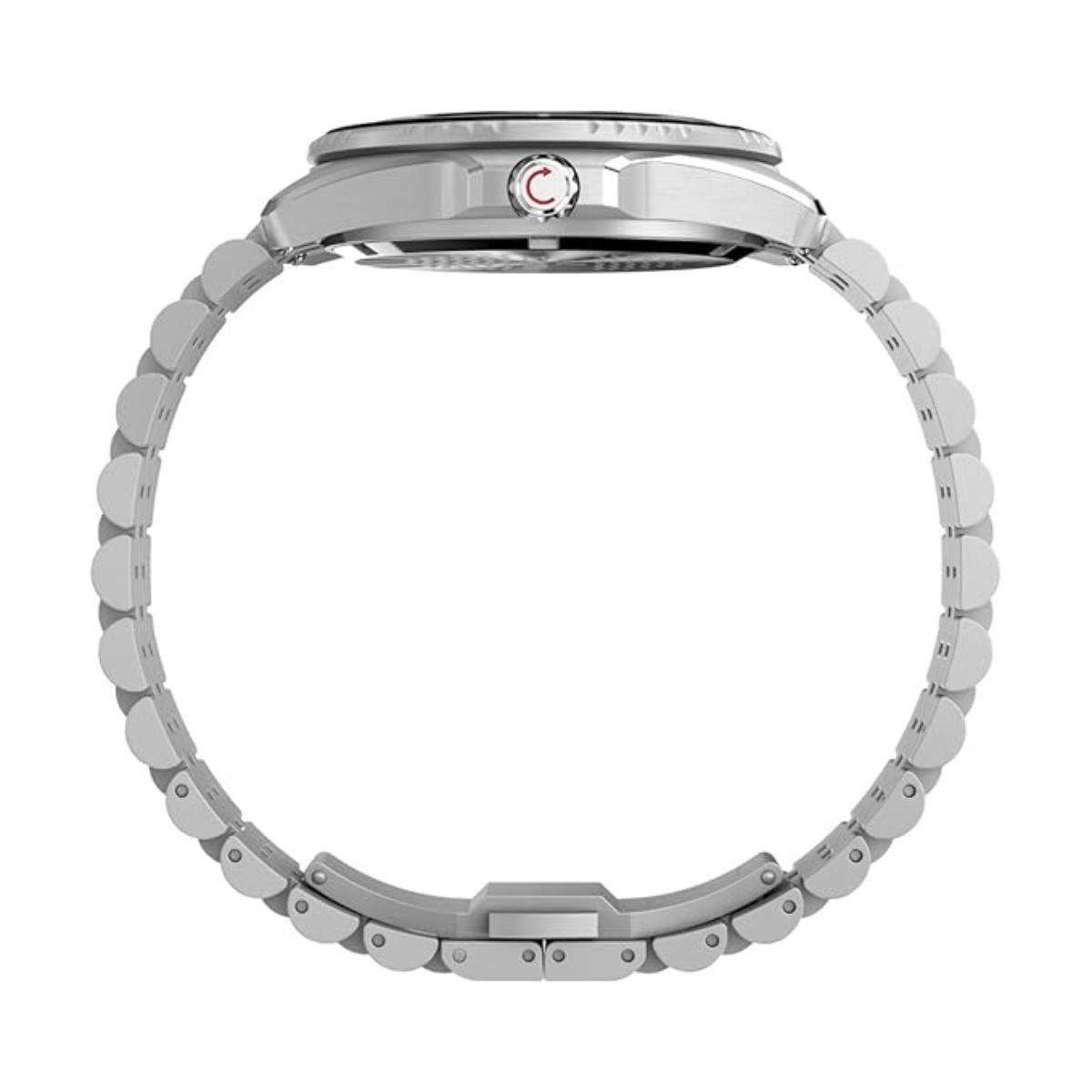 Close-up of a silver watch band on a white background