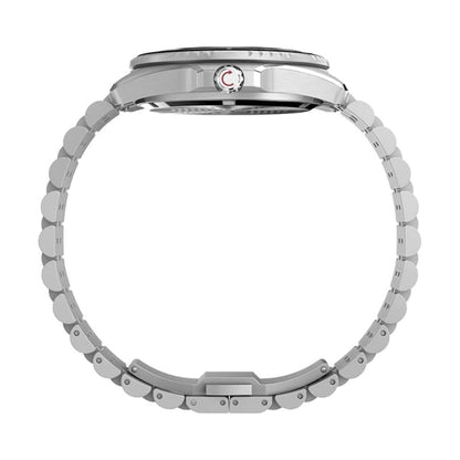 Close-up of a silver watch band on a white background