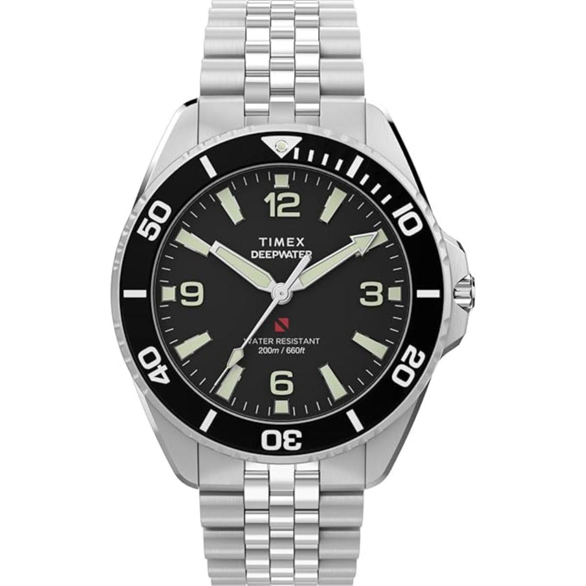 Timex Deepwater watch with black face and silver metal strap on a white background