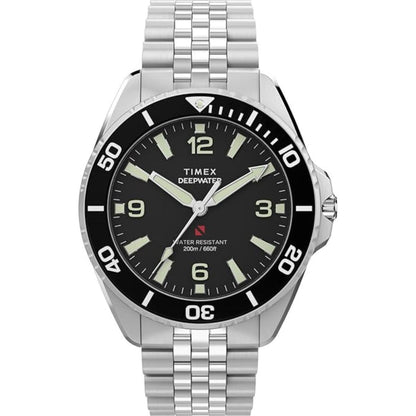 Timex Deepwater watch with black face and silver metal strap on a white background
