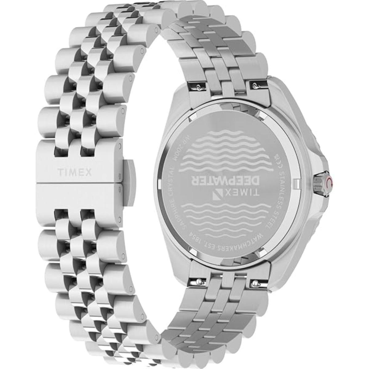 Silver Timex watch with a detailed metal band on a white background