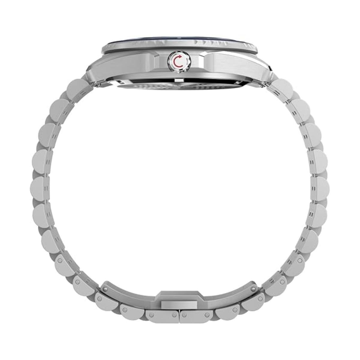 Close-up of a silver watch band on a white background