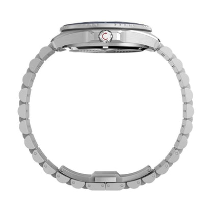 Close-up of a silver watch band on a white background