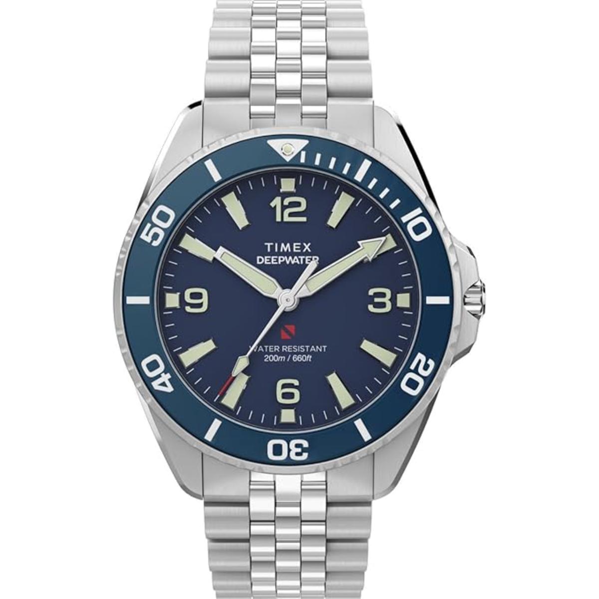 Timex Deepwater watch with blue face and silver bracelet on a white background