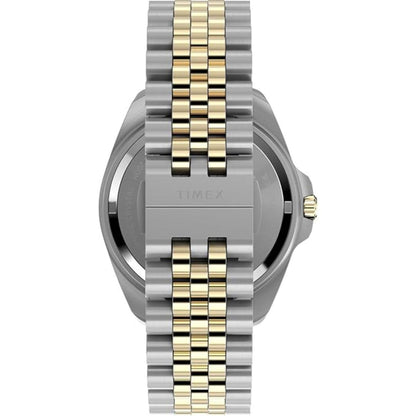 Timex watch with two-tone metal band on a white background