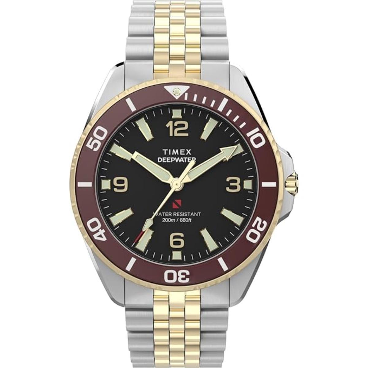Timex watch with two-tone metal strap on a white background