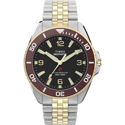 Timex watch with two-tone metal strap on a white background