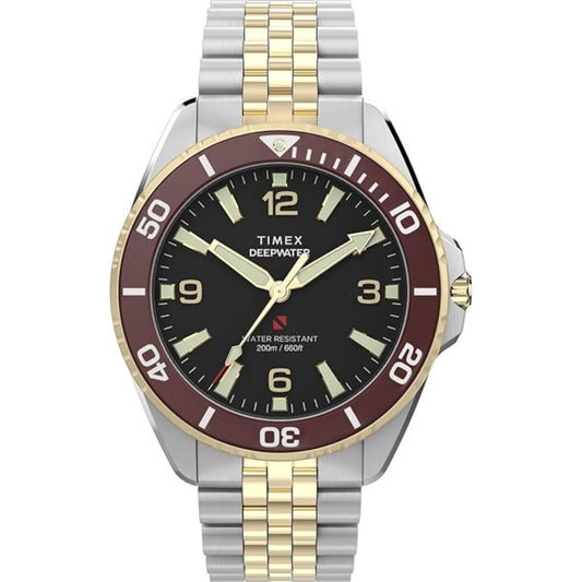 Timex watch with two-tone metal strap on a white background