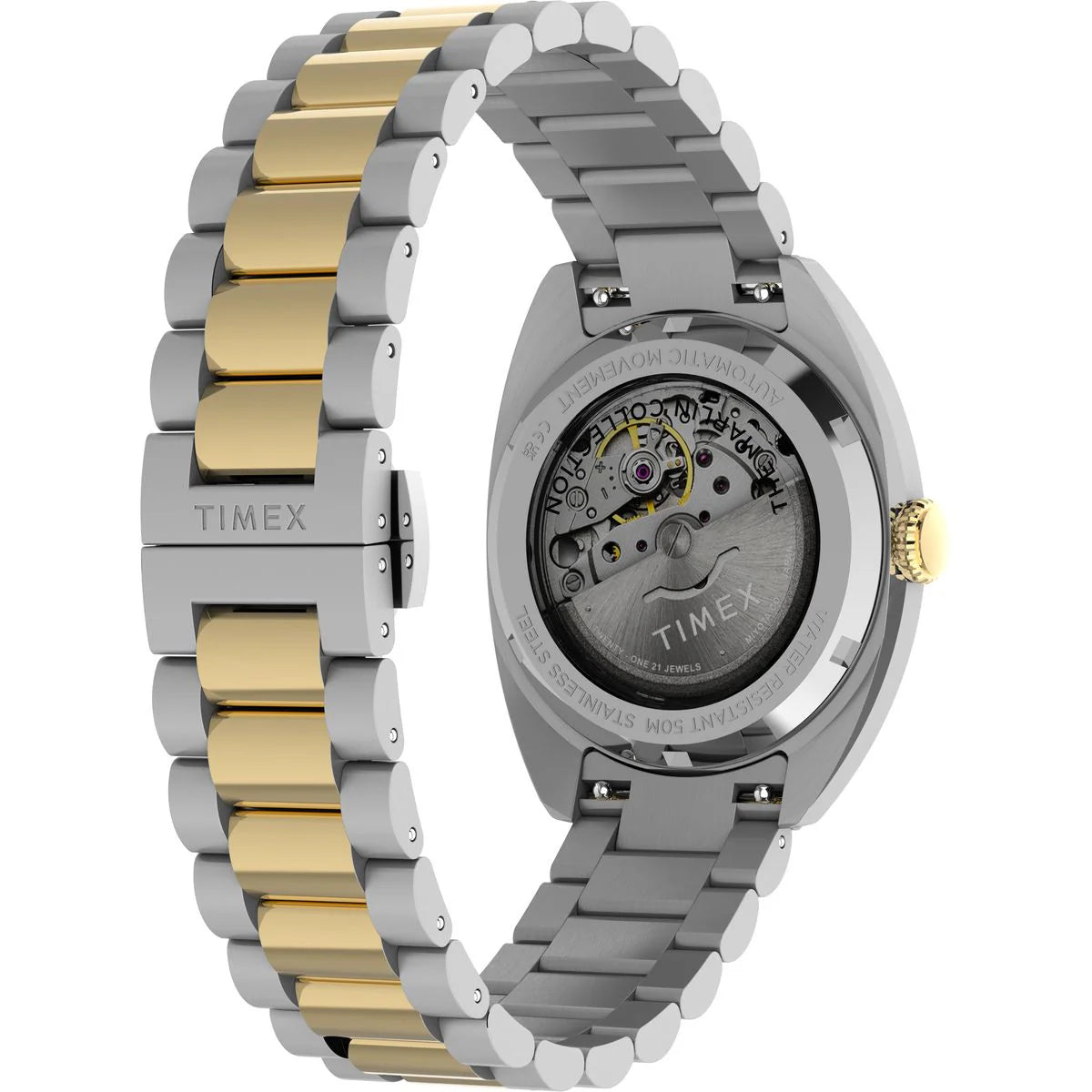 Timex watch with two-tone silver and gold bracelet on a white background
