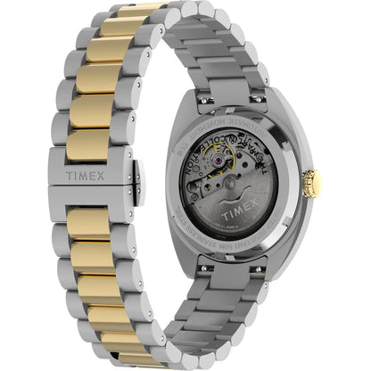Timex watch with two-tone silver and gold bracelet on a white background