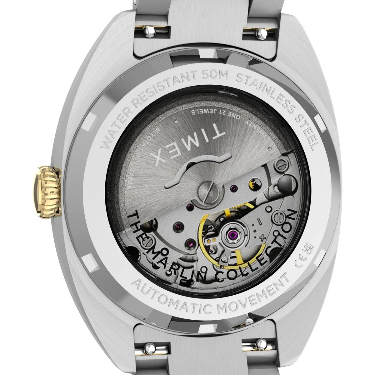 Watch back cover with mechanical movement and brand name on a white background