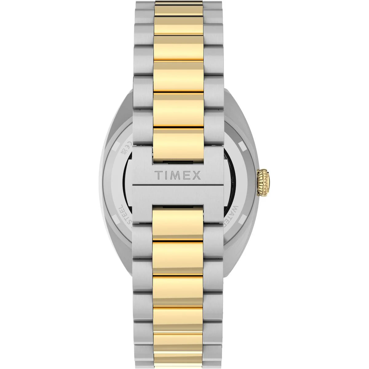 Timex watch with two-tone silver and gold bracelet on a white background