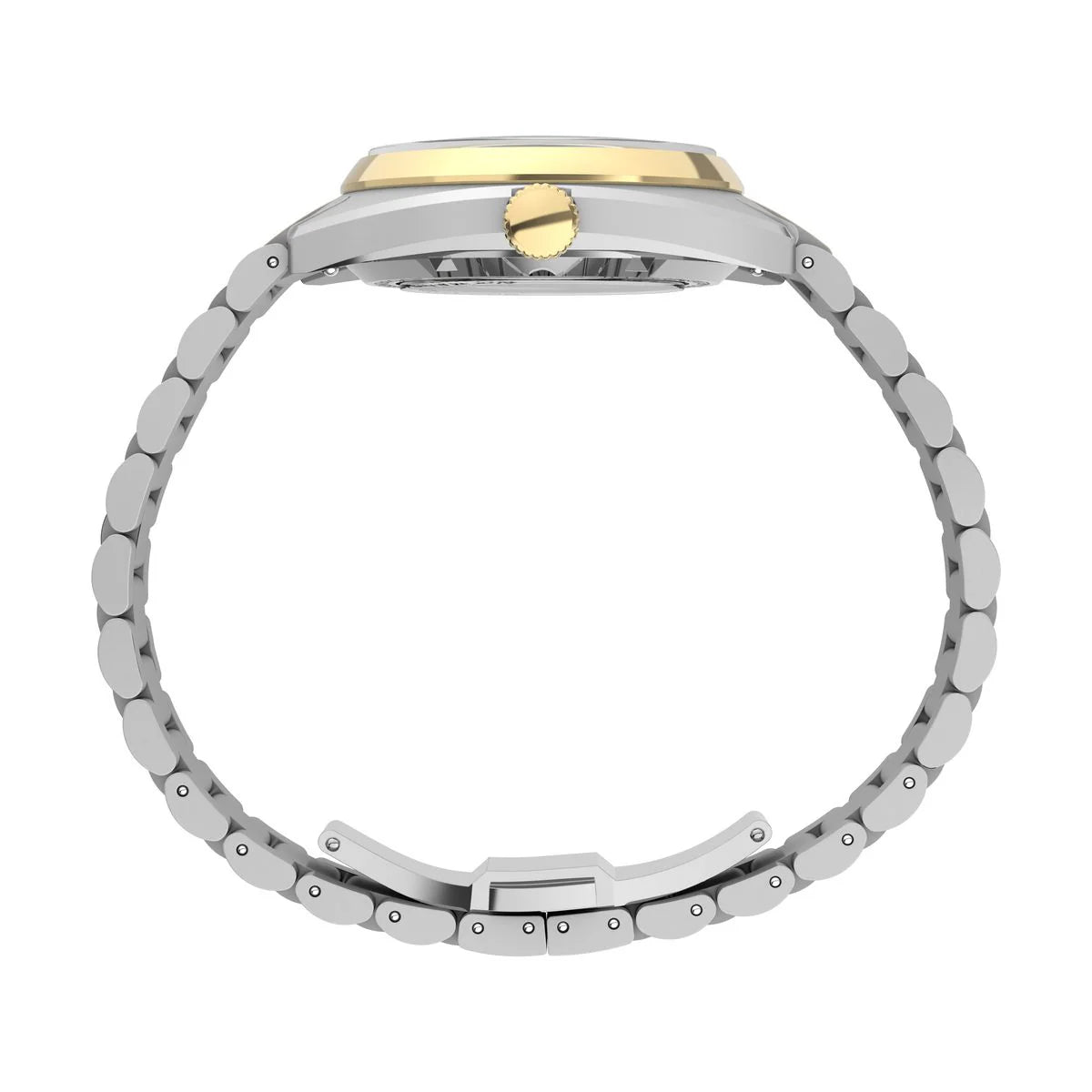Close-up of a watch with a gold and silver band on a white background