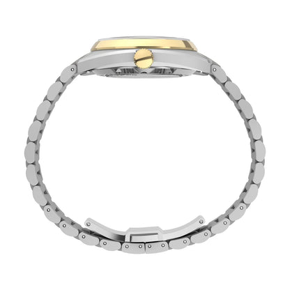 Close-up of a watch with a gold and silver band on a white background